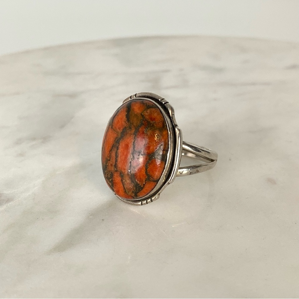 Sterling Silver Ring Oval Red Jasper Split Shank Sz 10.5 Stamped 925 Fiery Vtg - Picture 9 of 13